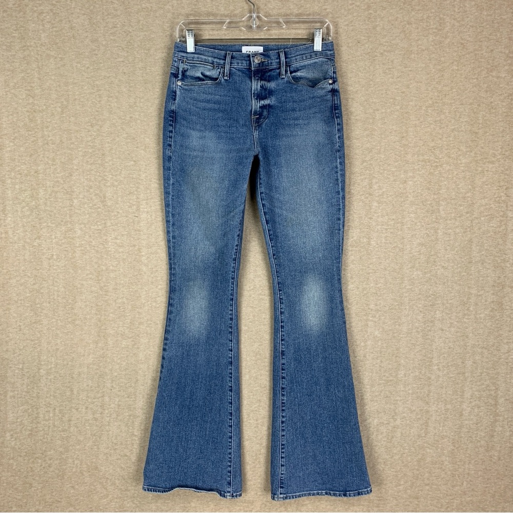 Frame Le High Flare Jeans Size 27 Blue Mid Rise Stretch Minimalist Boho City